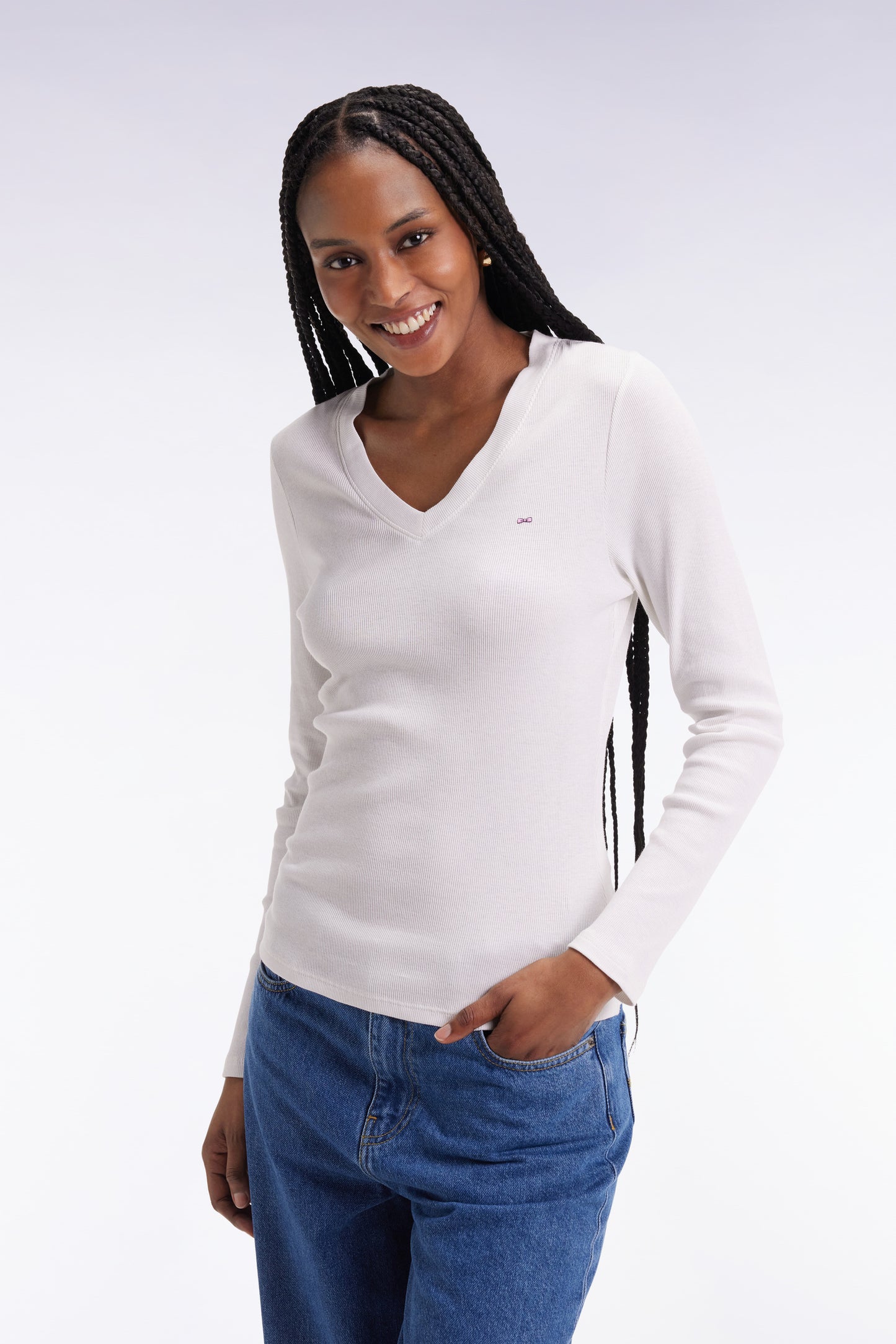 Long-sleeved T-shirt in white ribbed Pima cotton, slim fit