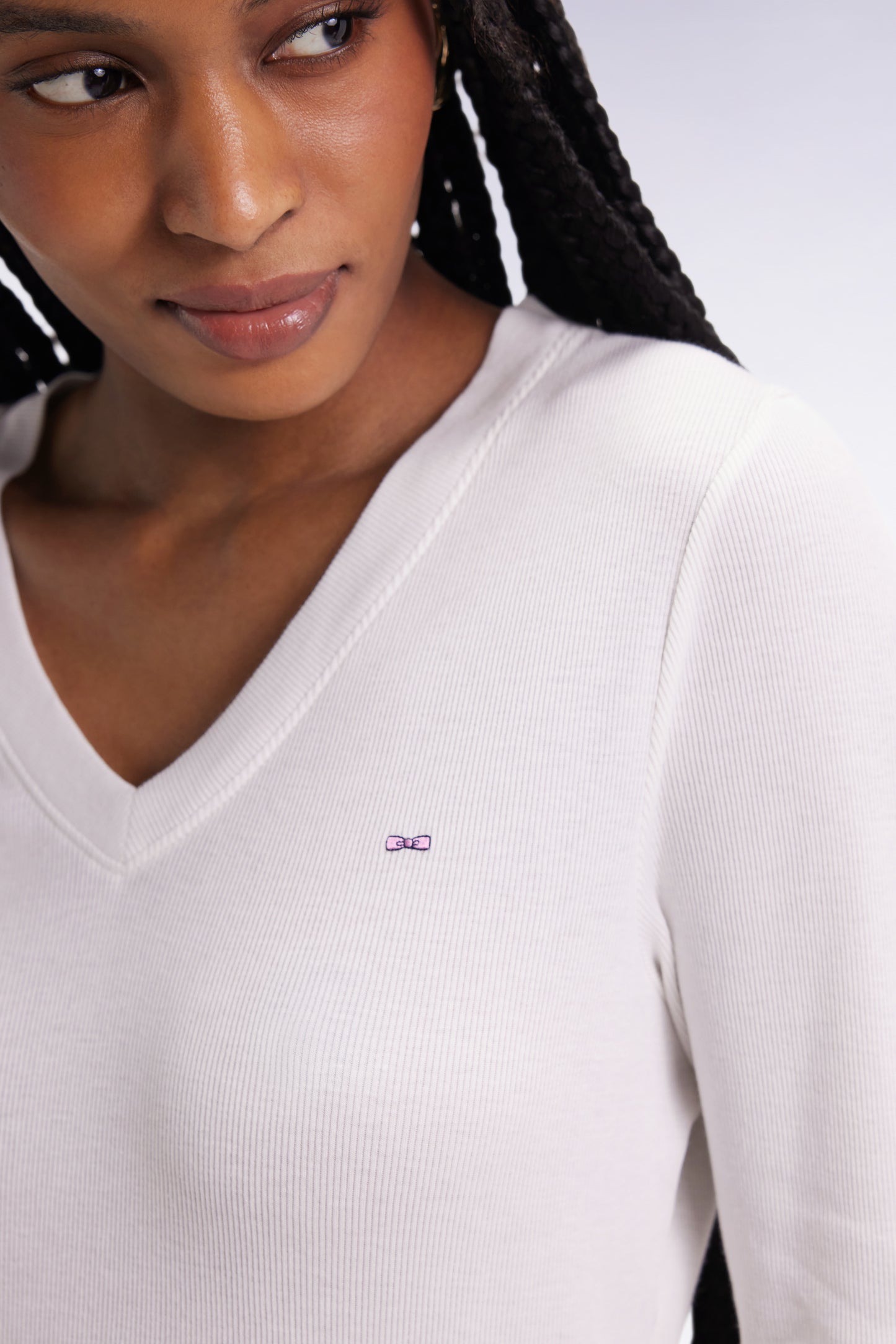 Long-sleeved T-shirt in white ribbed Pima cotton, slim fit