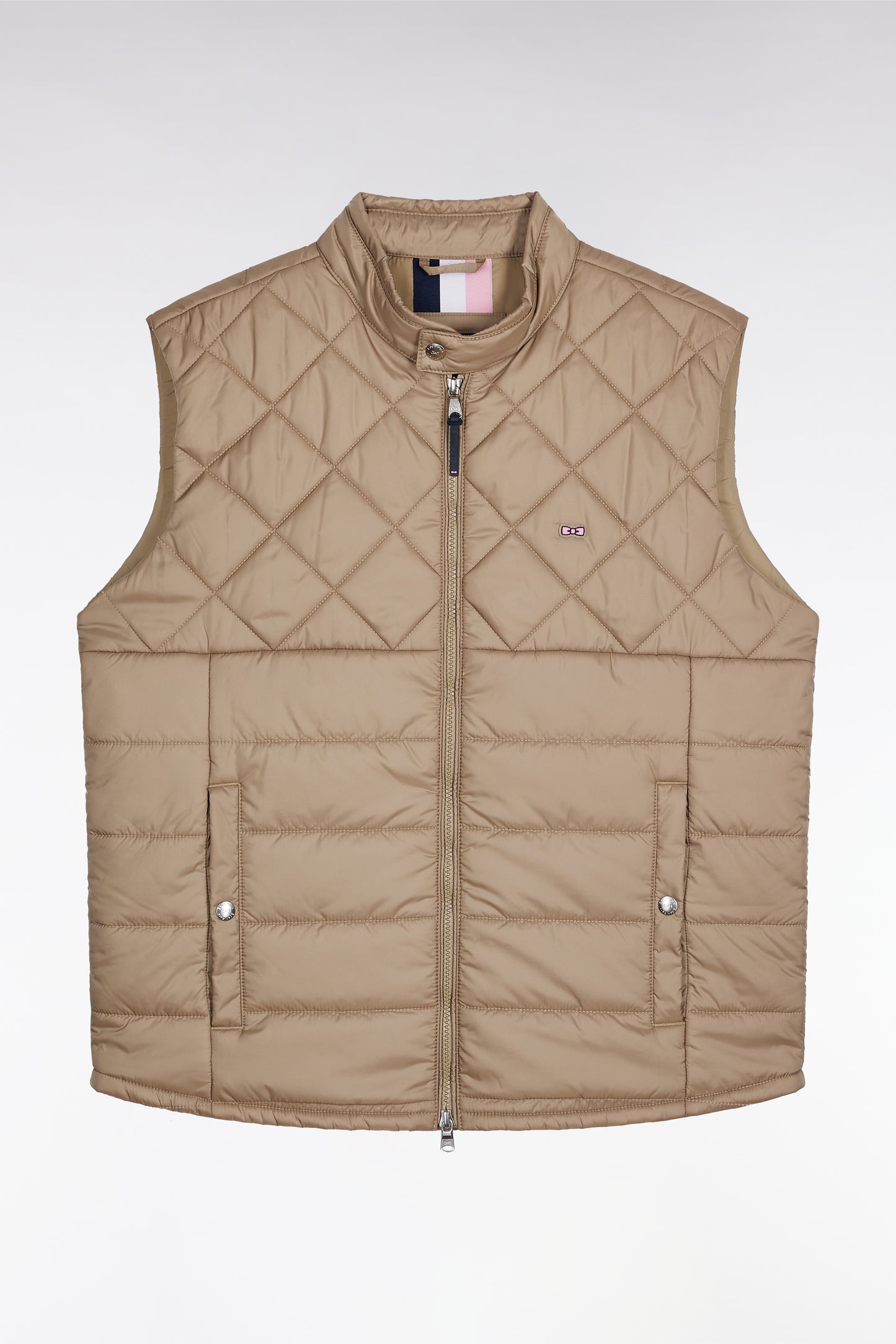 Sleeveless biker-collar jacket in beige quilted nylon