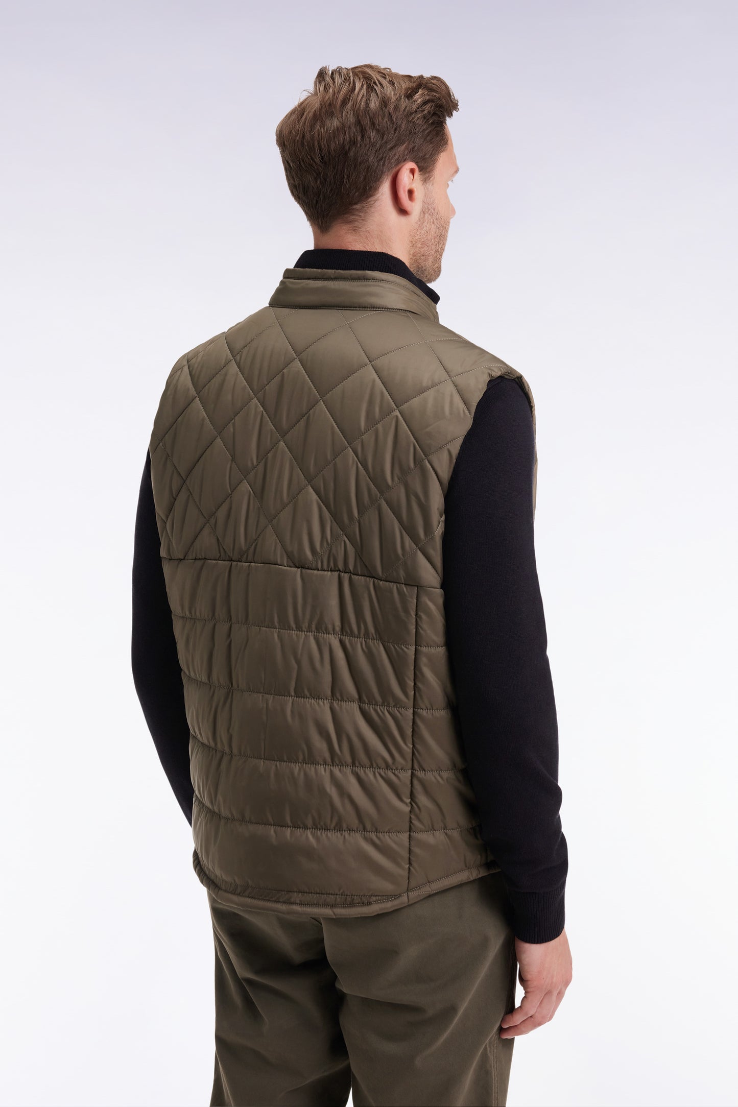 Sleeveless biker-collar jacket in khaki quilted nylon