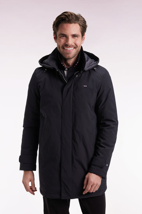 Long black nylon raincoat with removable hood - Image 3
