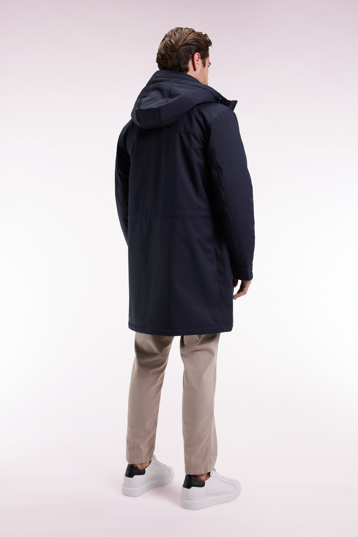 Long navy nylon parka with integrated hood