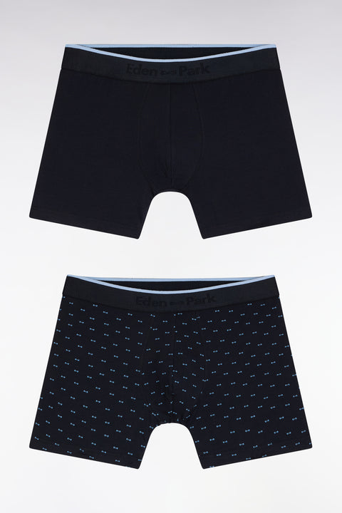 Set of two boxer shorts in plain stretch cotton jersey with blue micropatterns - Image 1