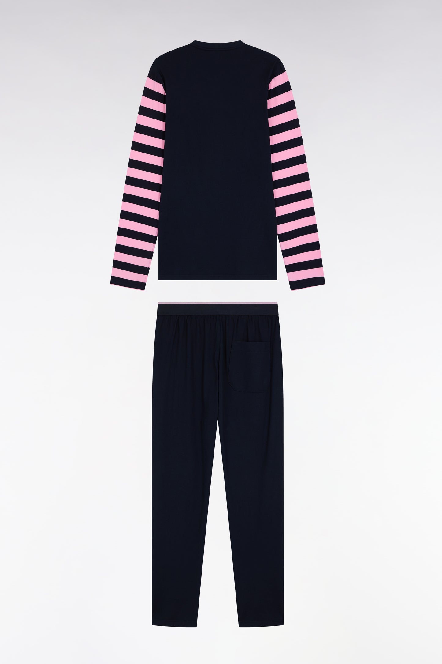 Long pyjamas in navy cotton jersey with striped sleeves - A SHOOTER
