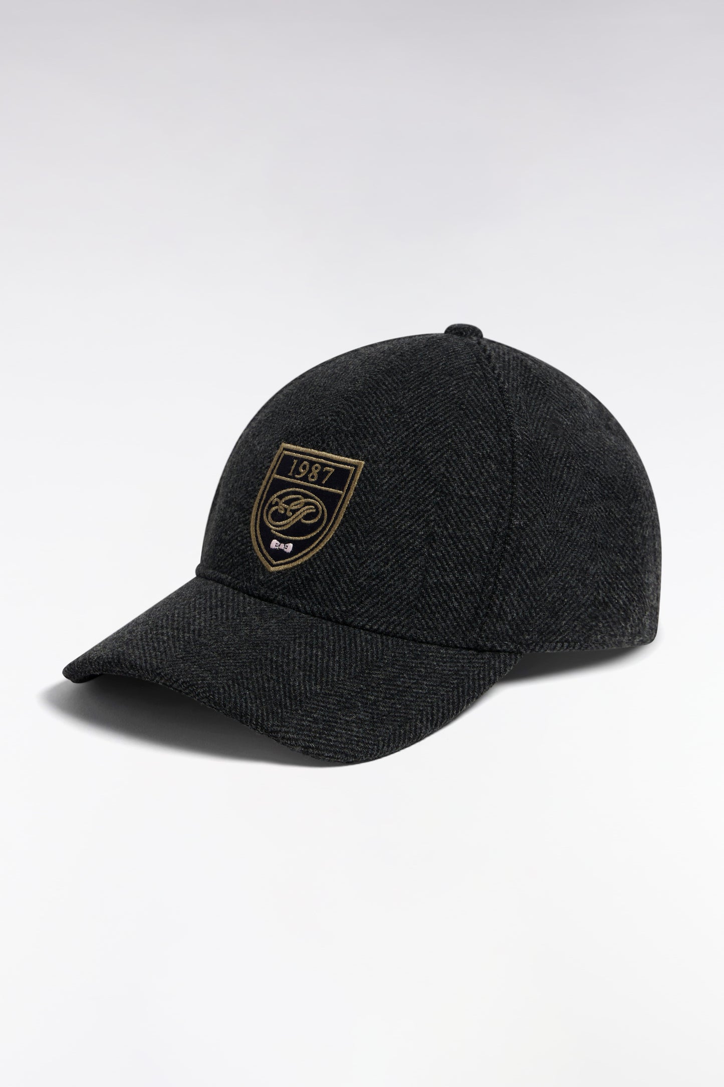 Casquette en drap de laine à chevrons grise patch écusson