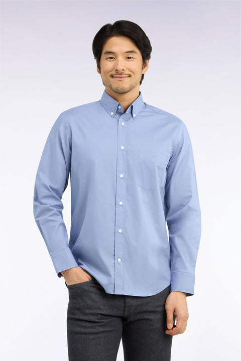 Blue cotton shirt with micro-pattern details, straight cut - Image 3