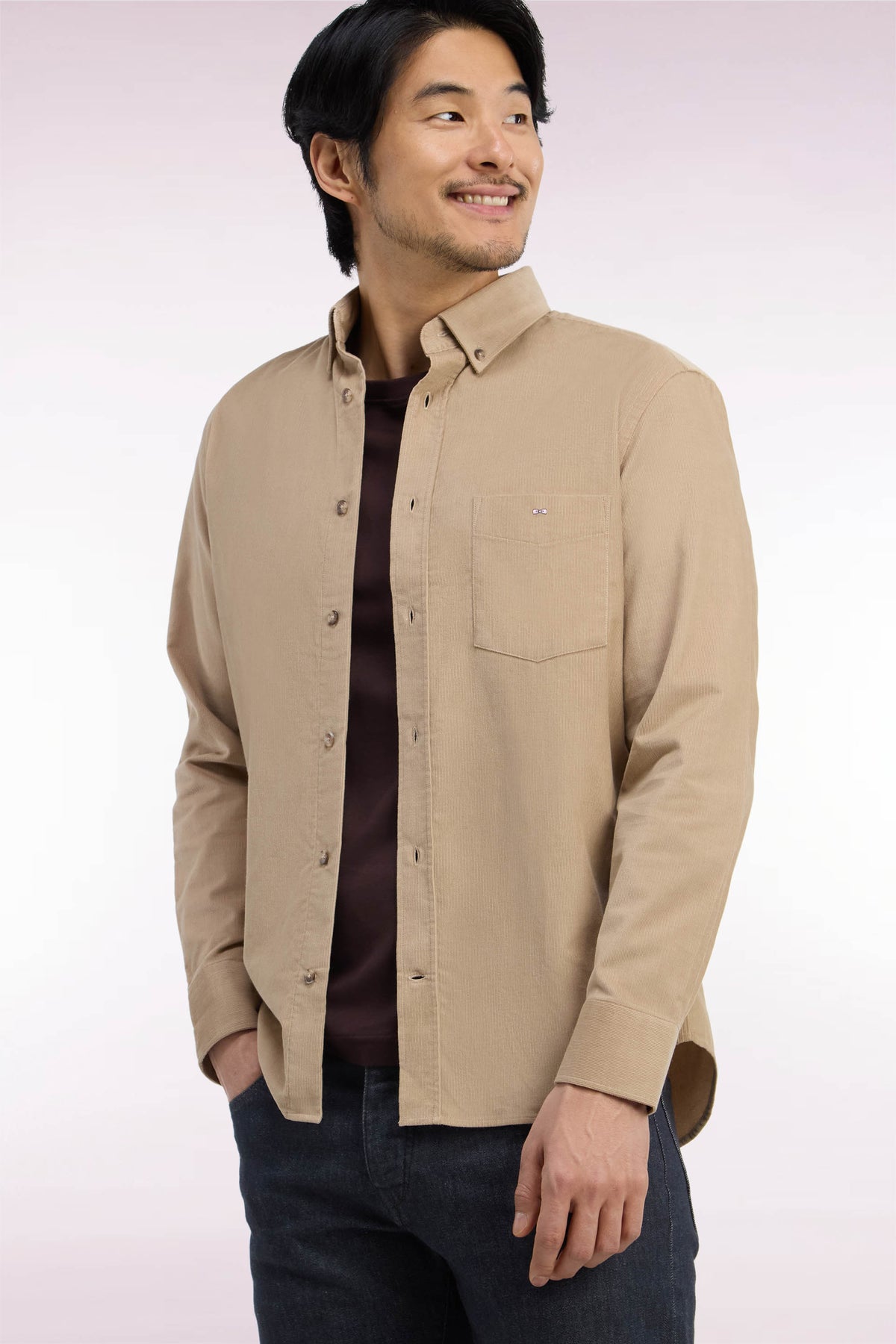 Beige ribbed cotton straight cut shirt