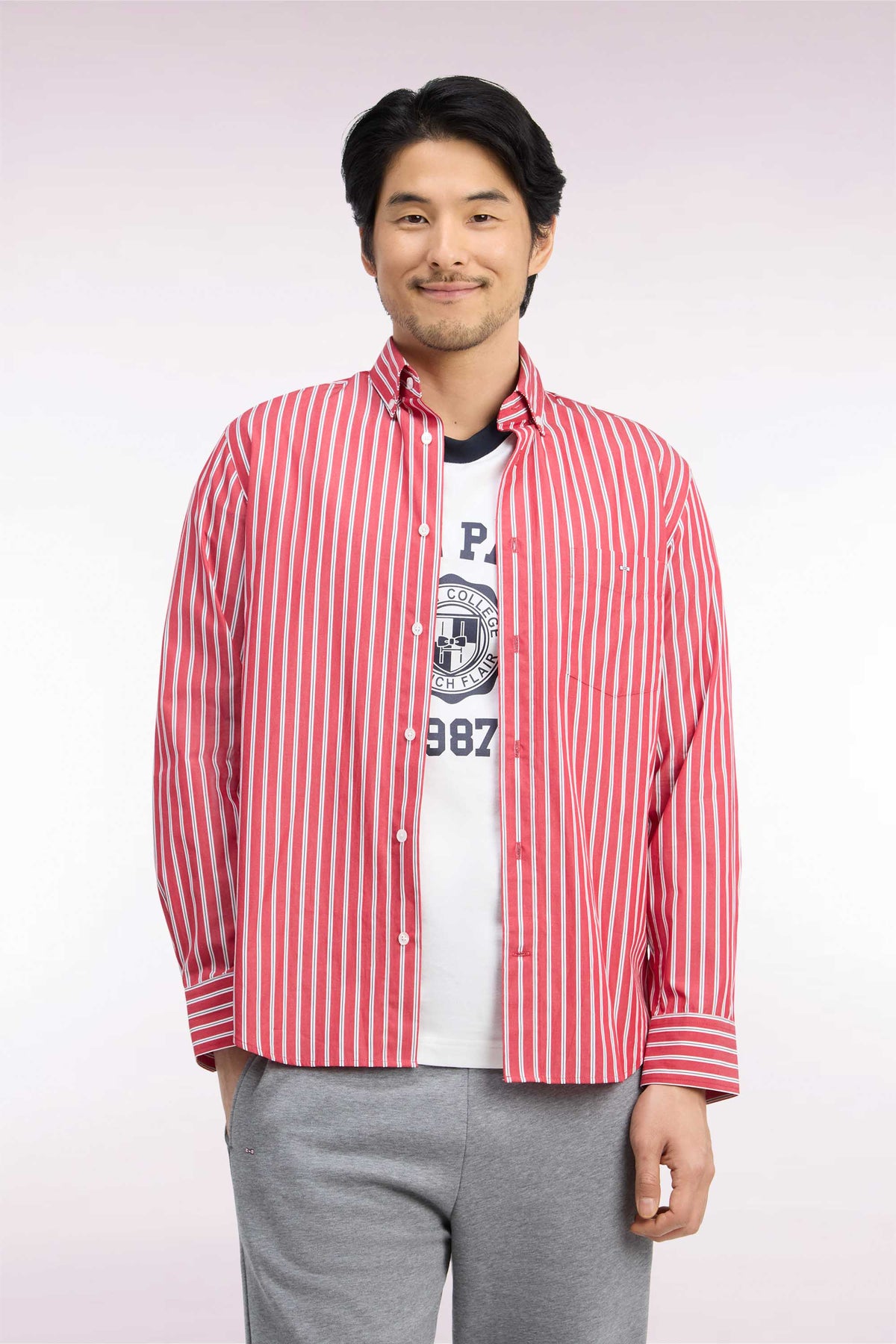 Red cotton shirt with ecru stripes, straight cut