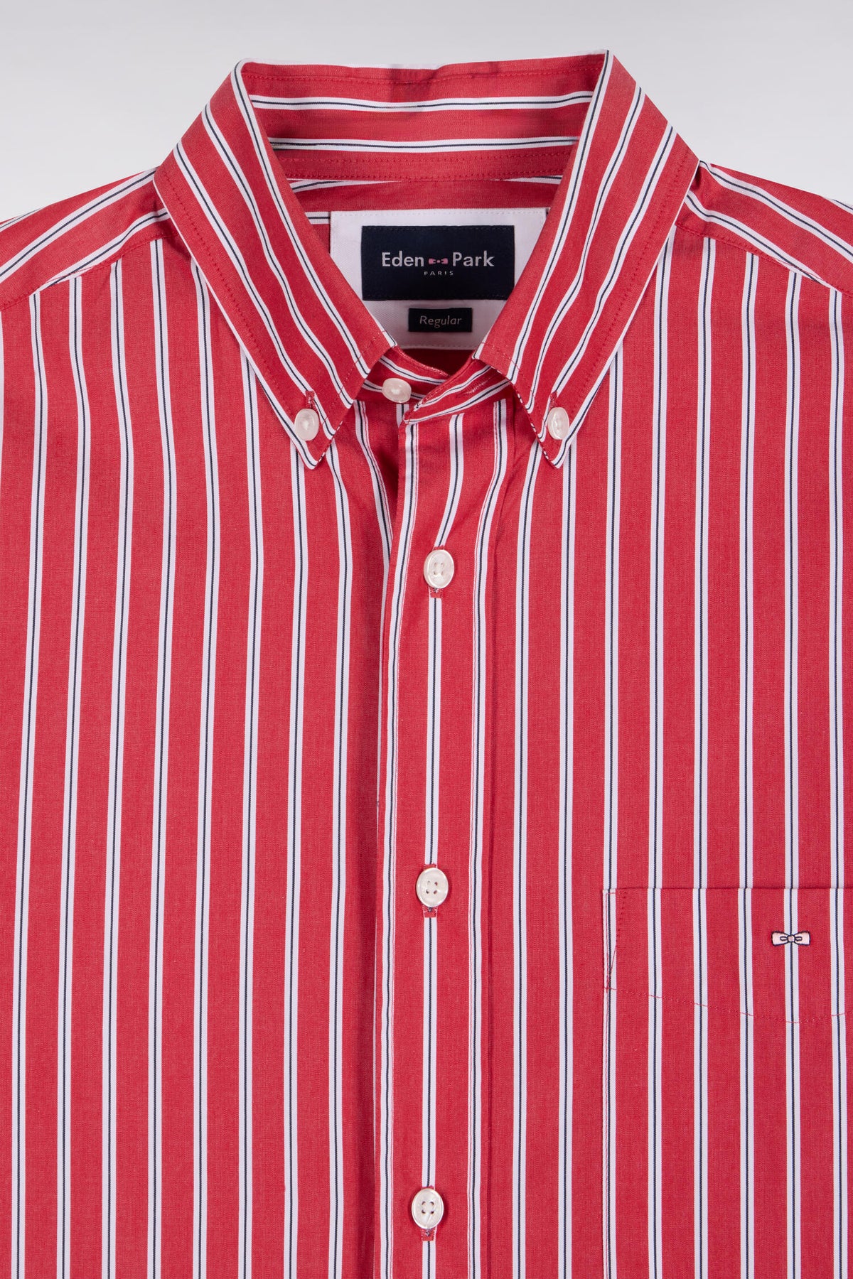 Red cotton shirt with ecru stripes, straight cut