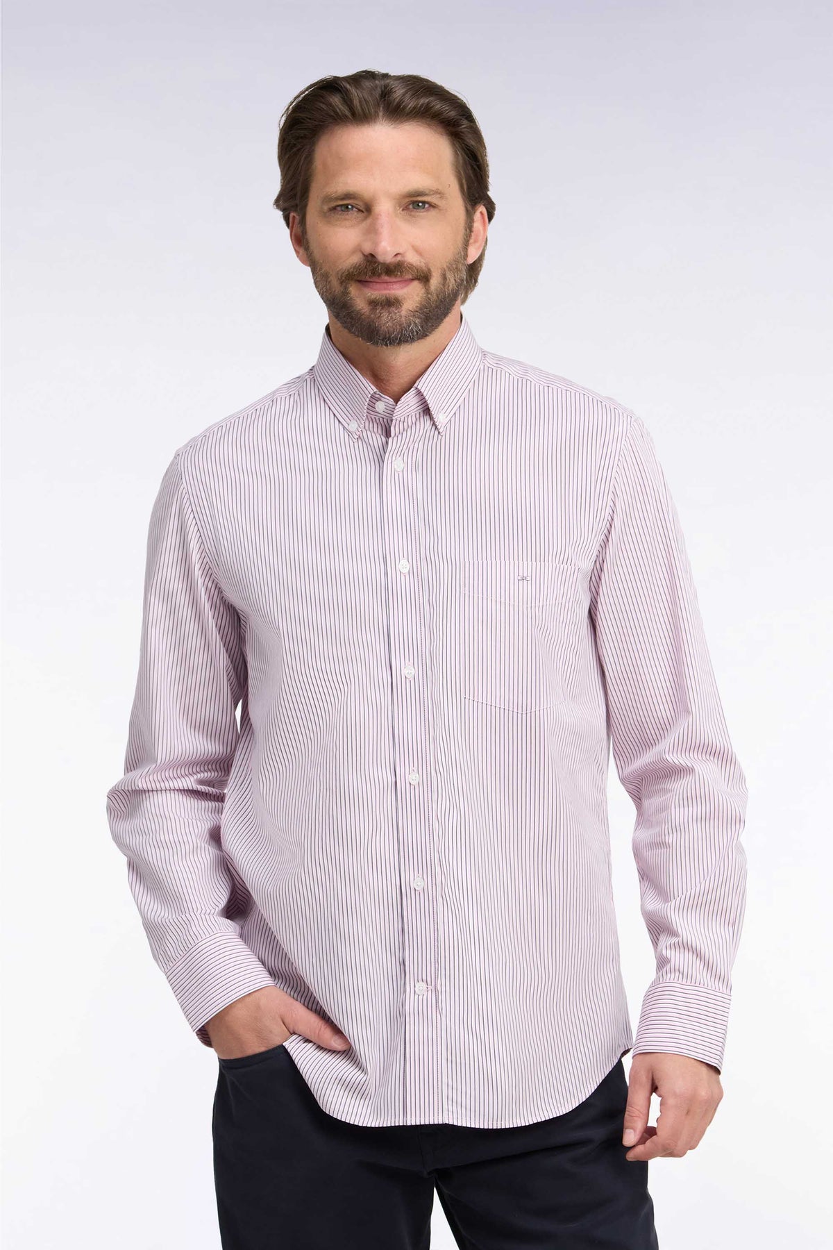 Chemise en coton à rayures rose coupe droite
