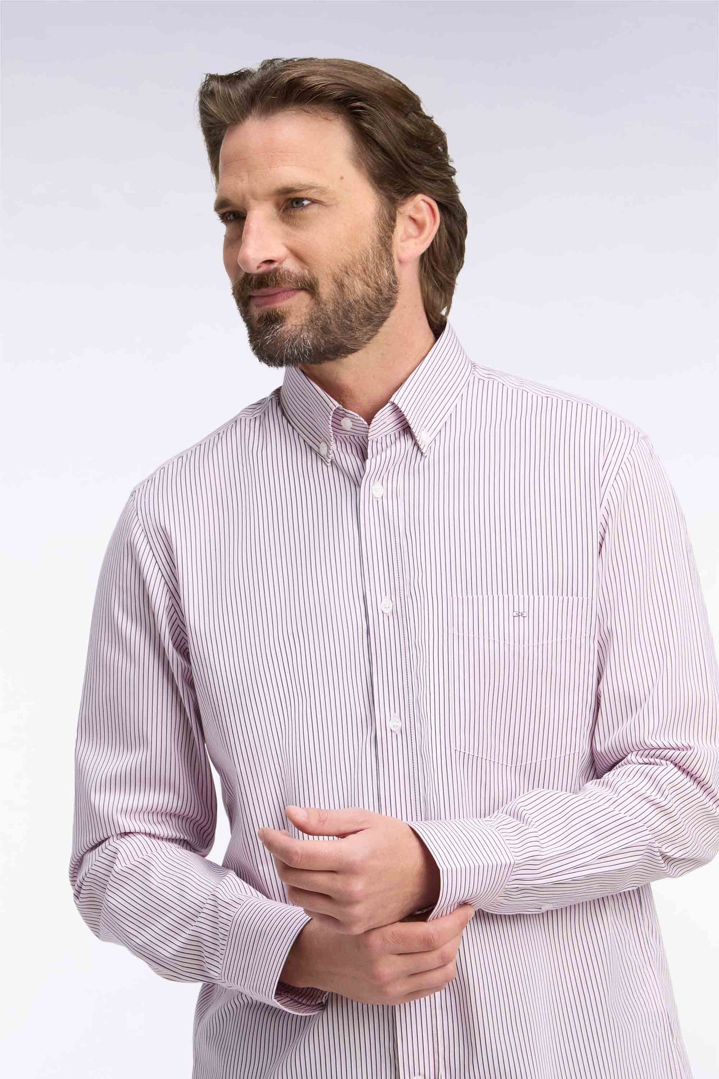Chemise en coton à rayures rose coupe droite