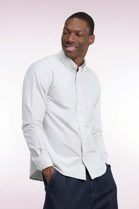 Straight cut navy stick striped cotton shirt - Image 1