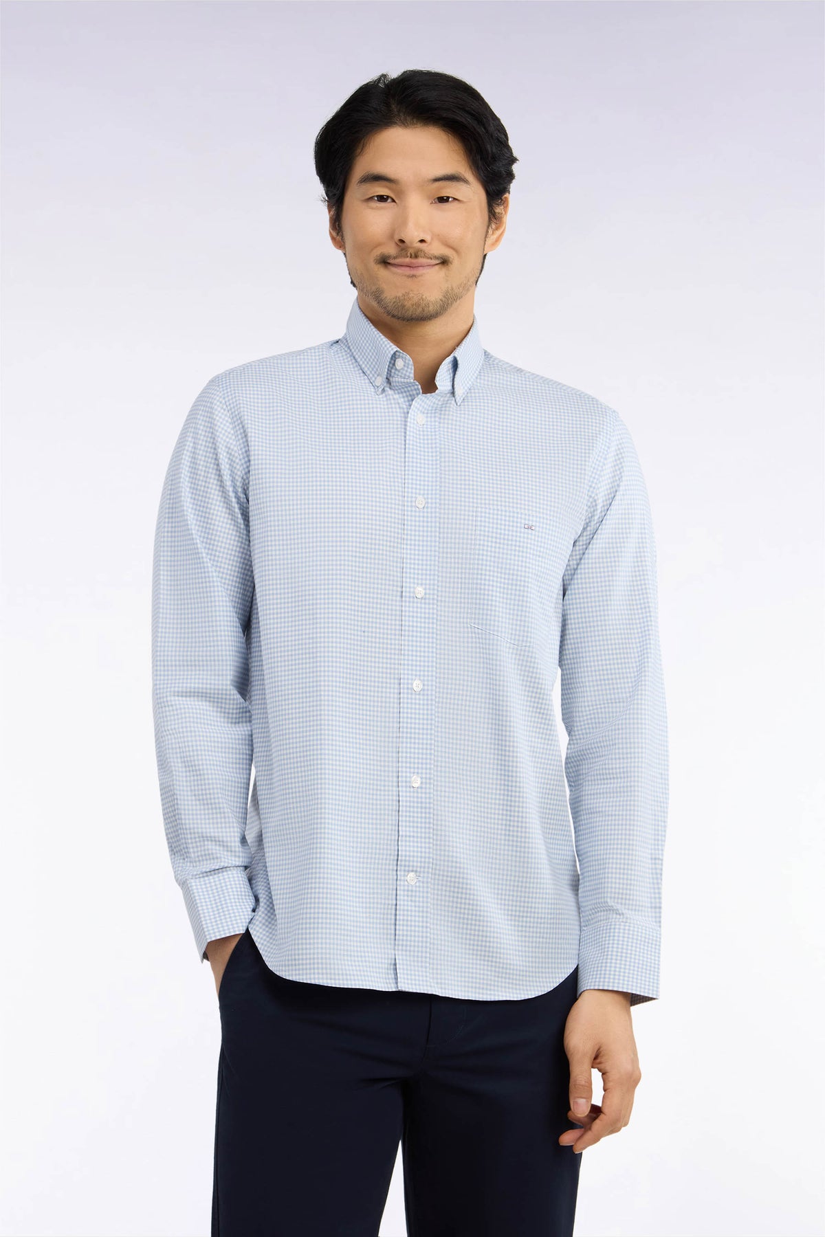 Straight cut gray gingham check cotton shirt