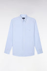 White woven cotton shirt with gray stripes, straight cut
