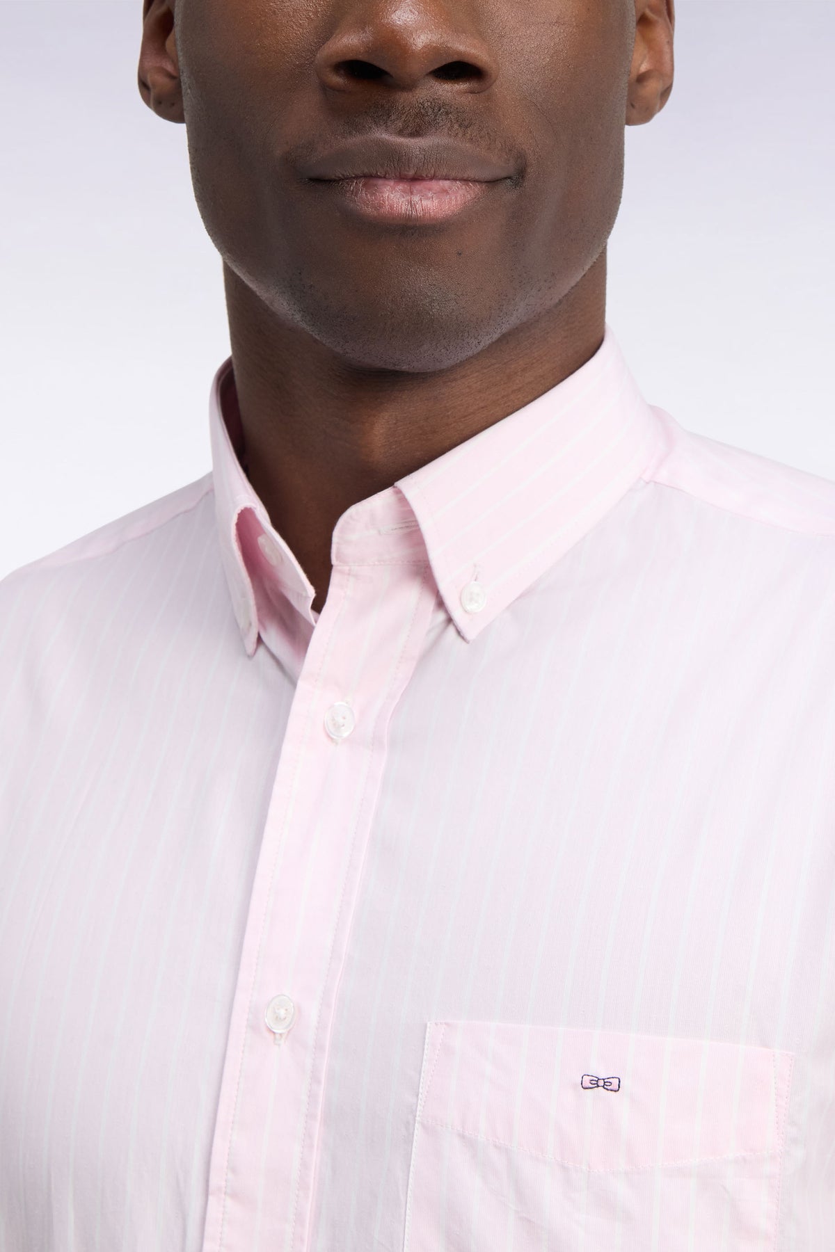 White woven cotton shirt with pink stripes, straight cut