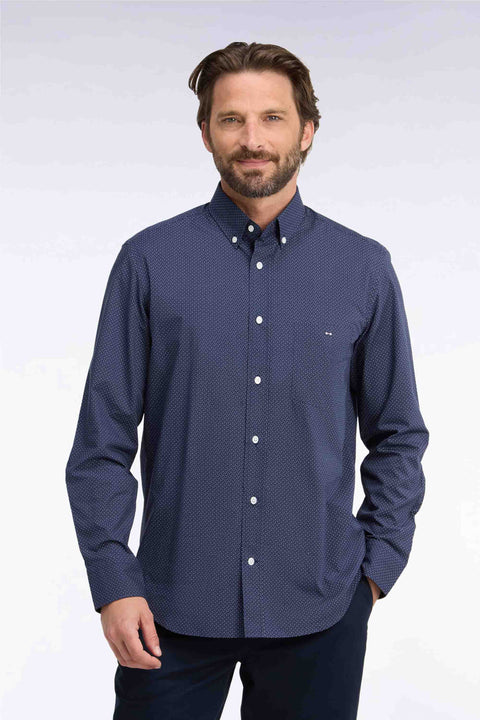 Navy cotton shirt with micro-patterned bow ties, straight cut - Image 3