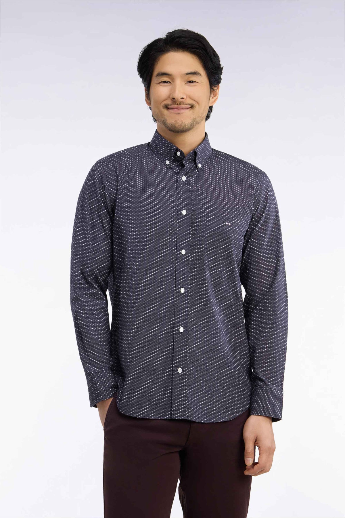 Chemise en coton gris à micromotifs coupe droite
