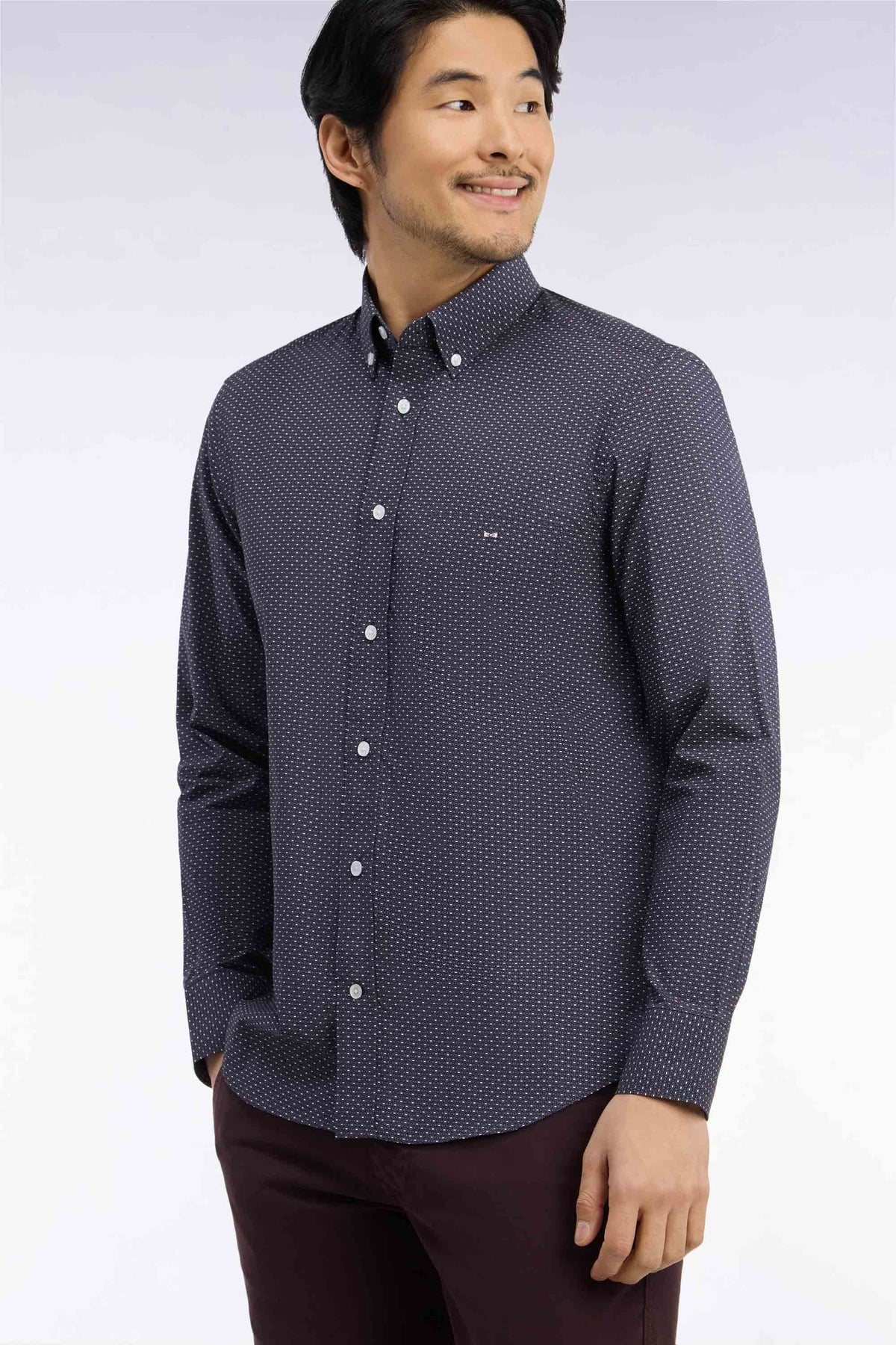 Chemise en coton gris à micromotifs coupe droite