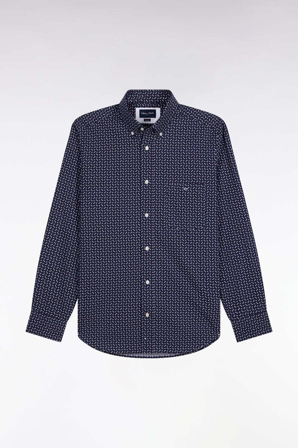 Navy cotton poplin shirt with blue micro-patterns, straight cut