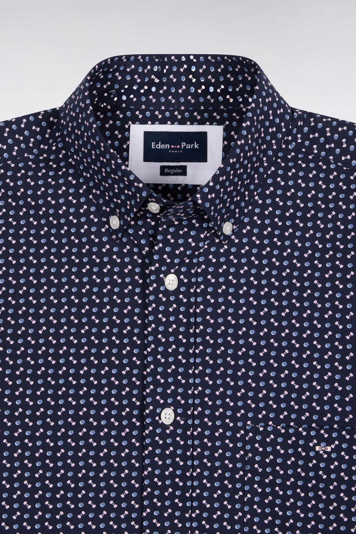 Navy cotton poplin shirt with blue micro-patterns, straight cut