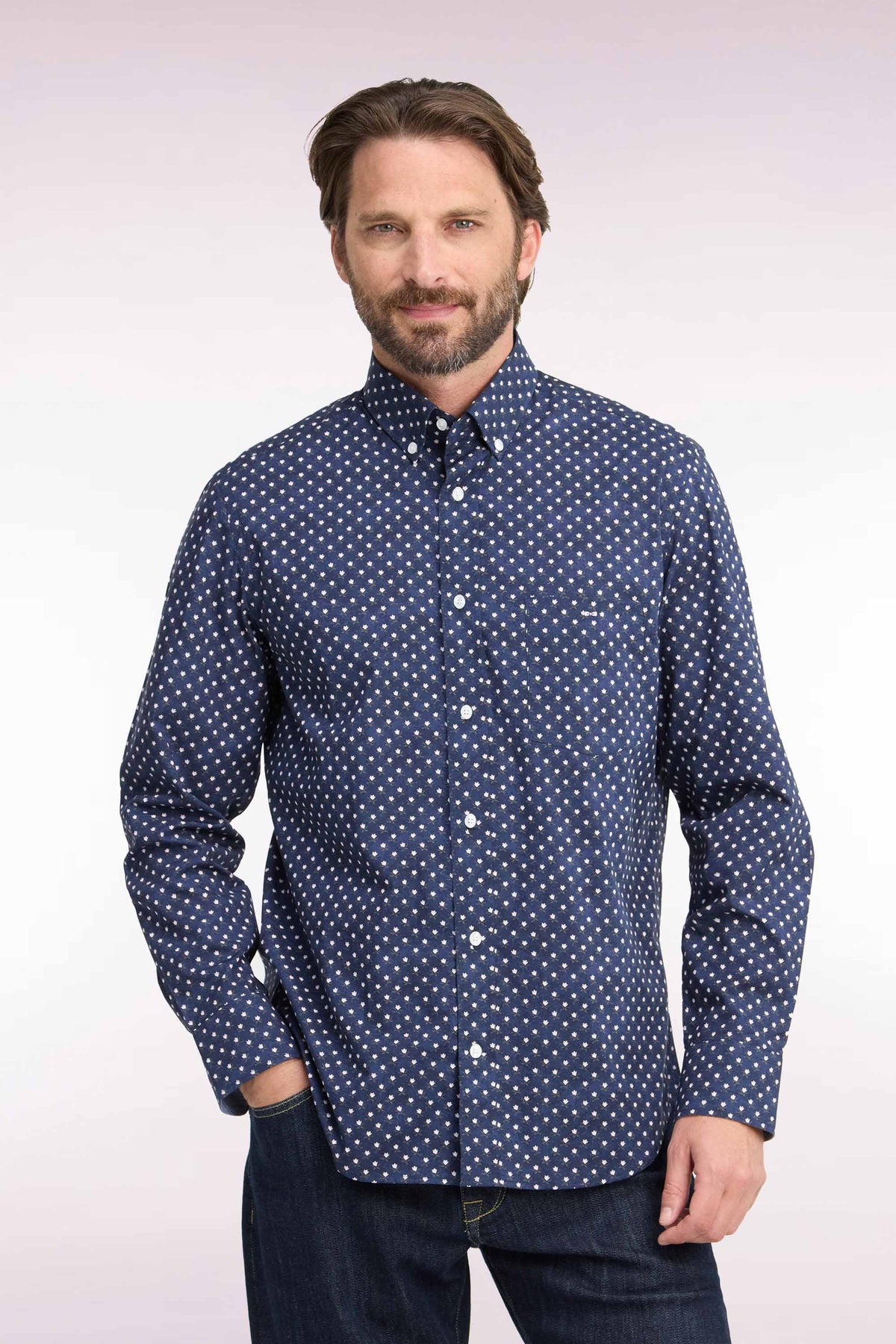 Navy cotton shirt with white flower micro-patterns, straight cut