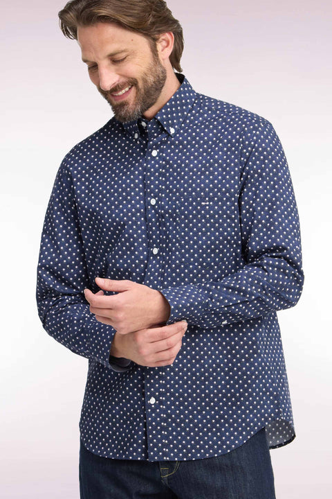 Navy cotton shirt with white flower micro-patterns, straight cut - Image 1