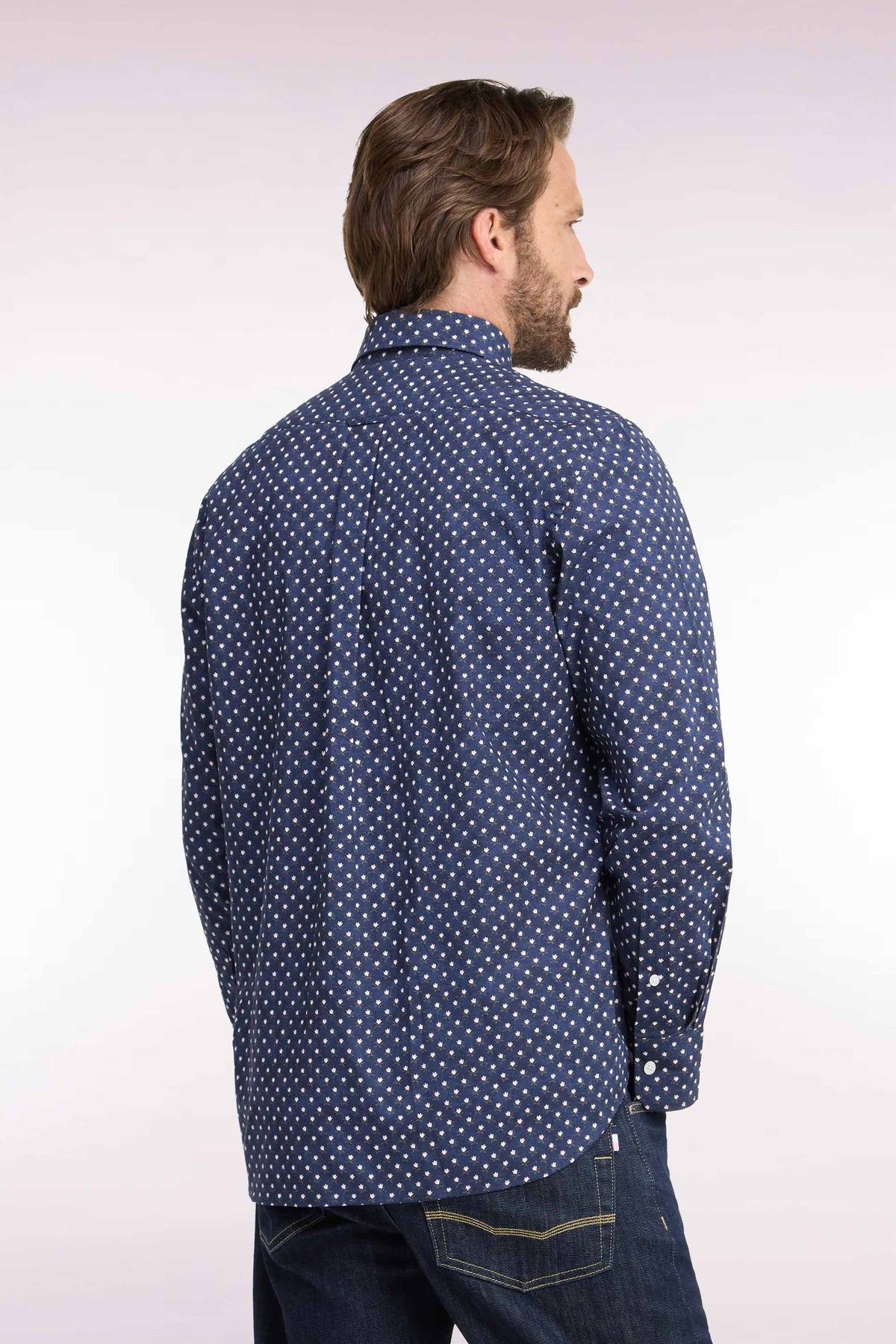 Navy cotton shirt with white flower micro-patterns, straight cut
