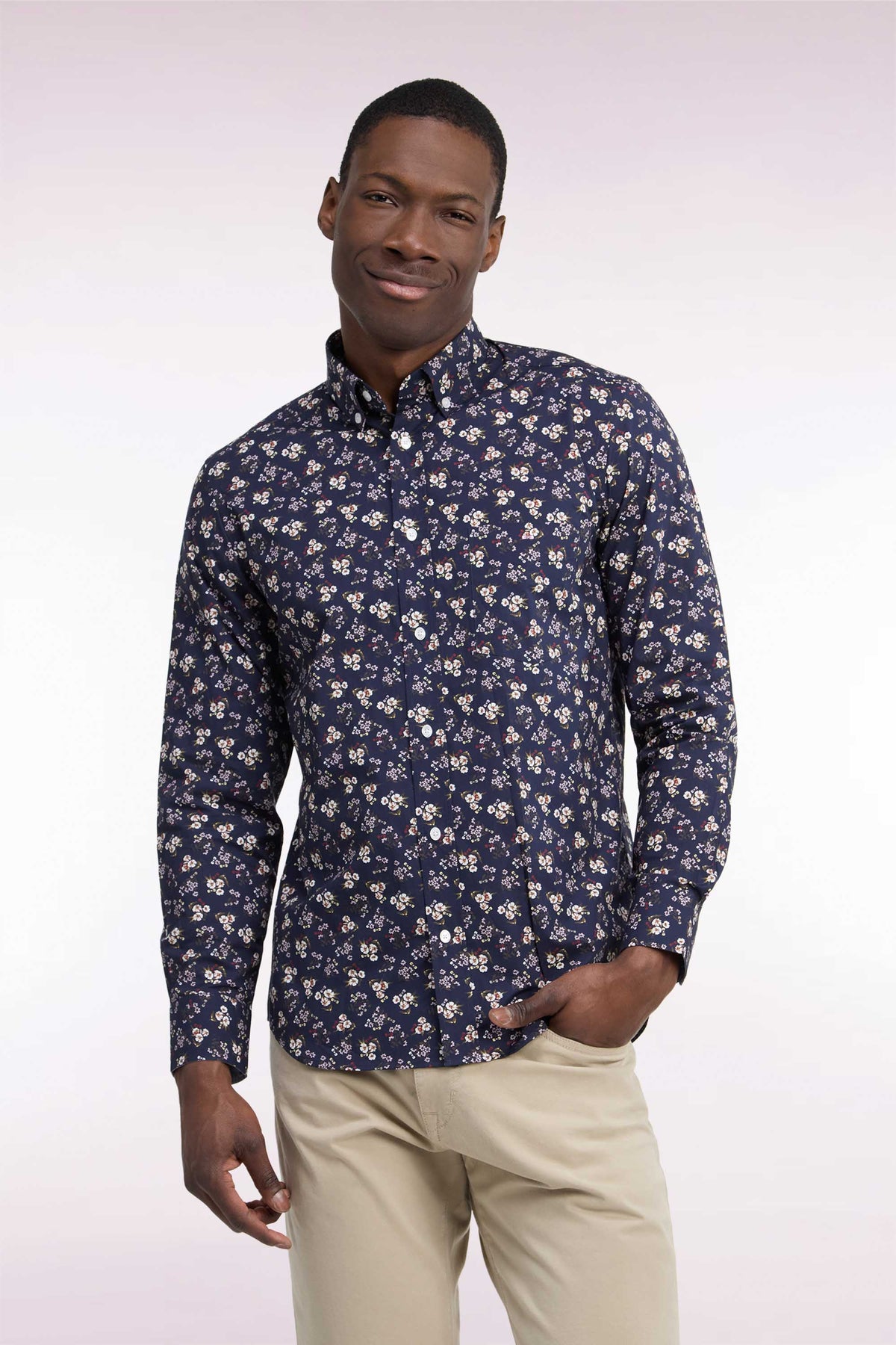 Navy cotton shirt with micro-flower patterns, straight cut