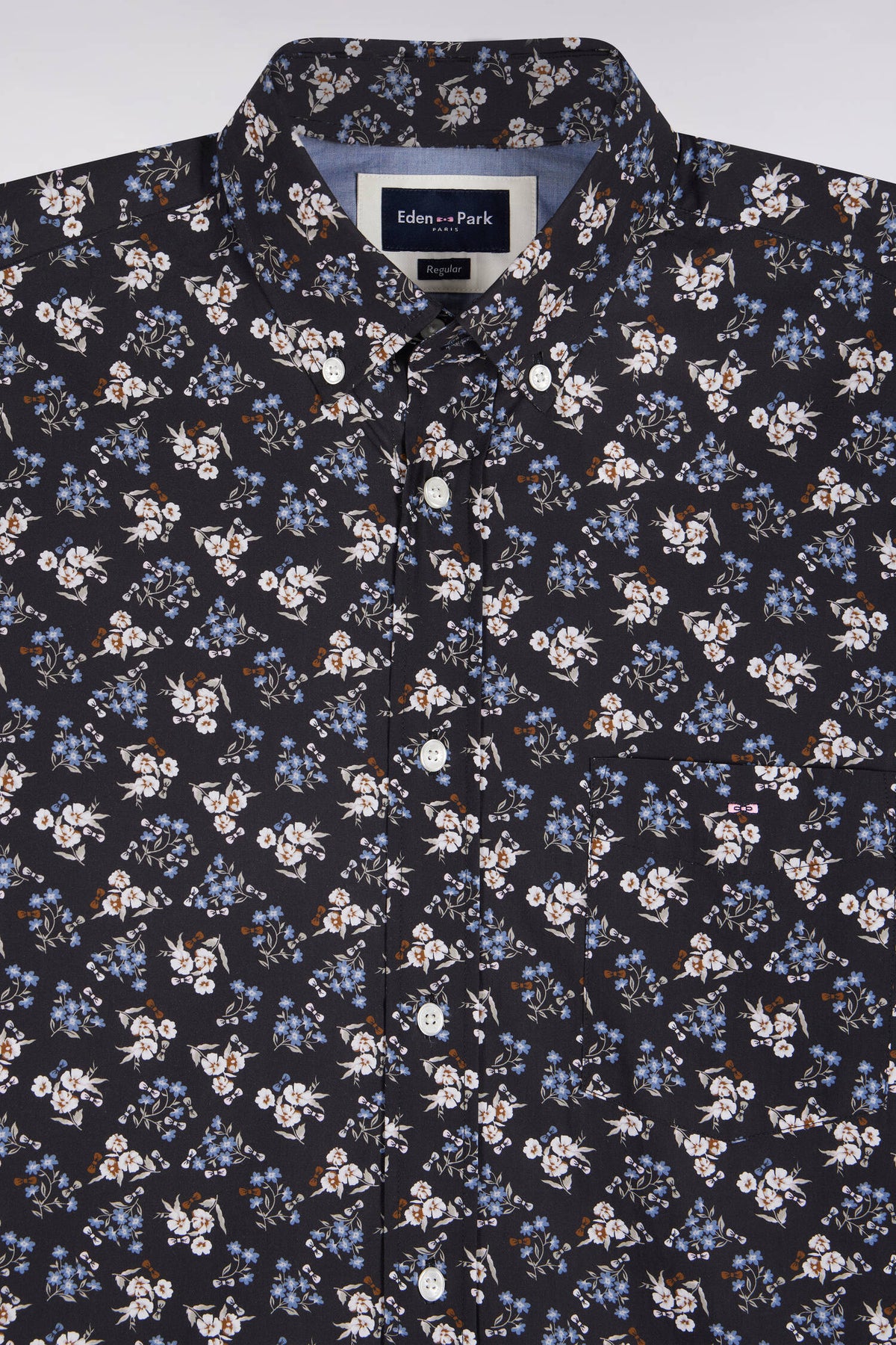 Brown cotton shirt with micro-flower patterns, straight cut
