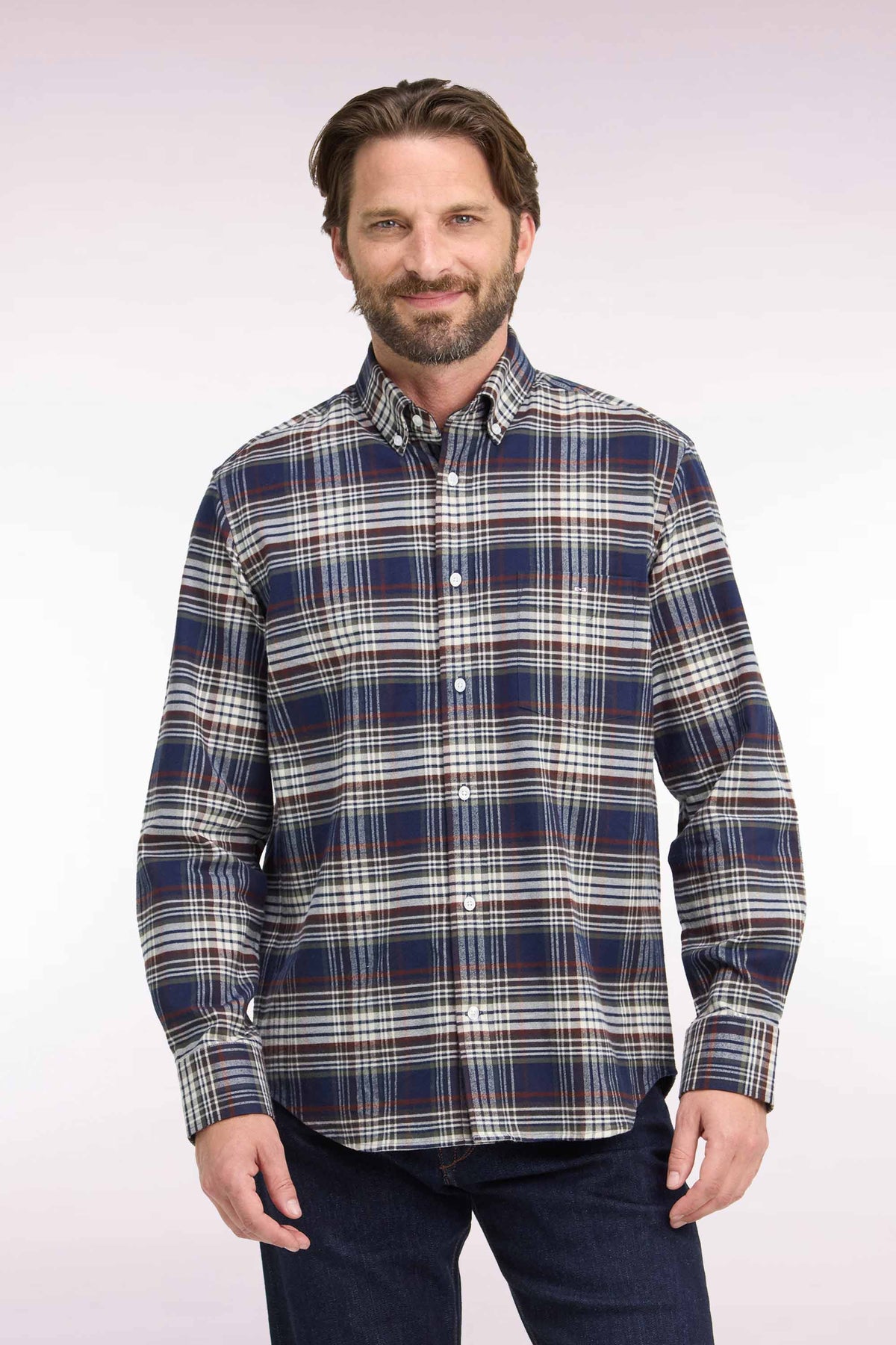 Straight-fit navy checked cotton flannel shirt