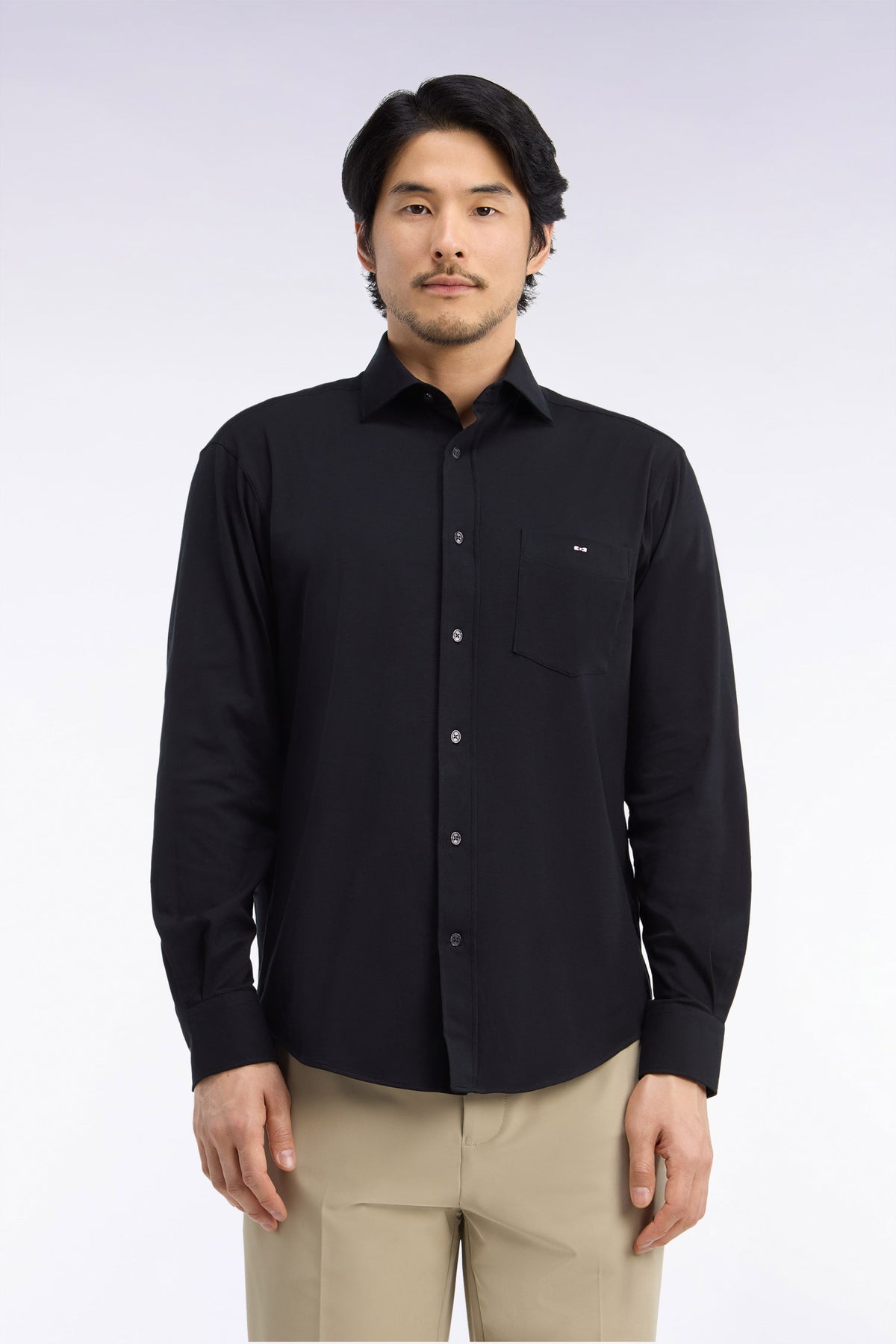 Straight cut black stretch cotton shirt