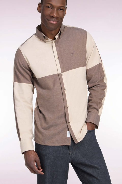 Chemise en coton camel et beige coupe droite - Image 1