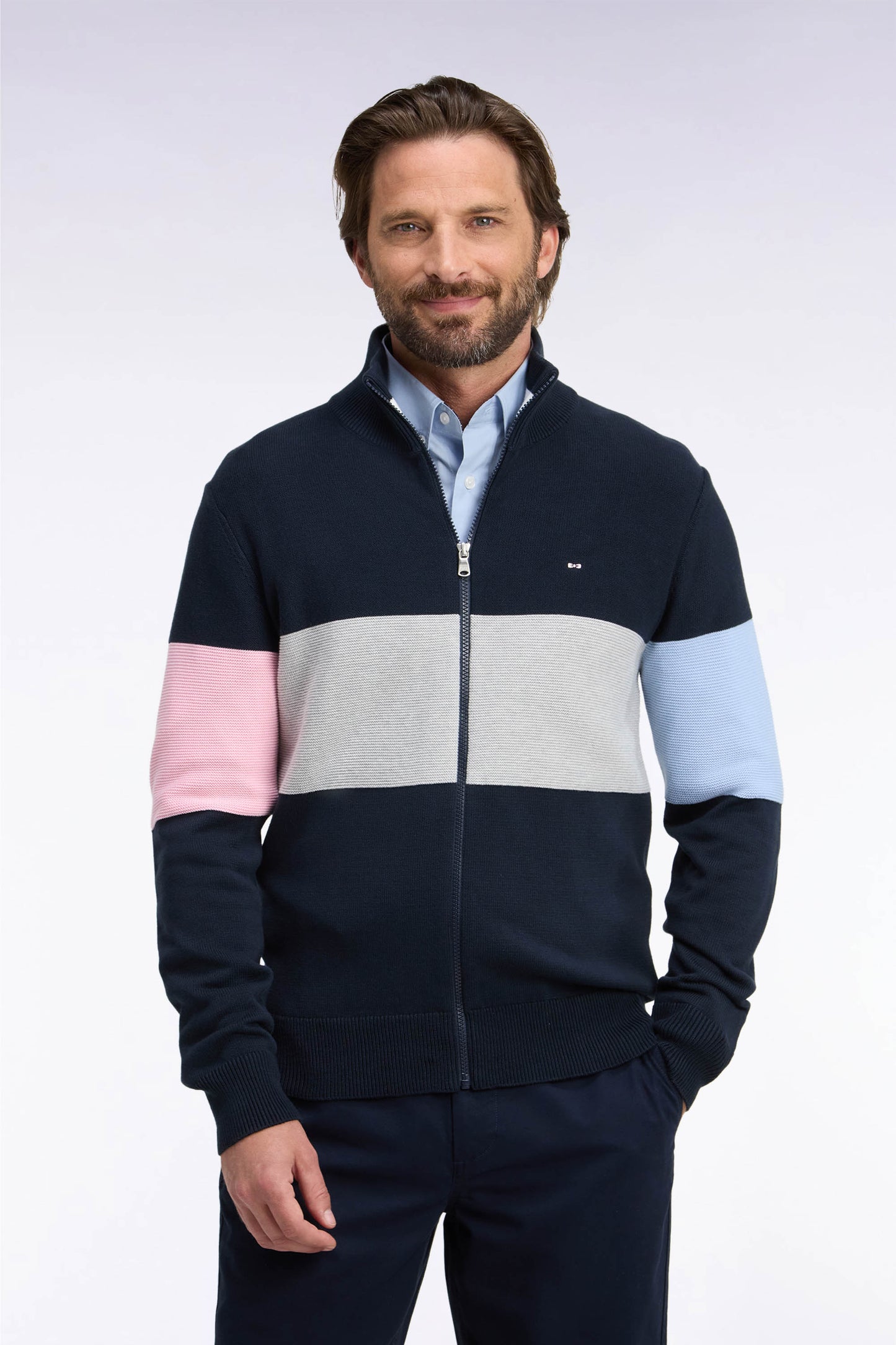 Cardigan zippé à col camionneur en coton marine à découpe coupe droite