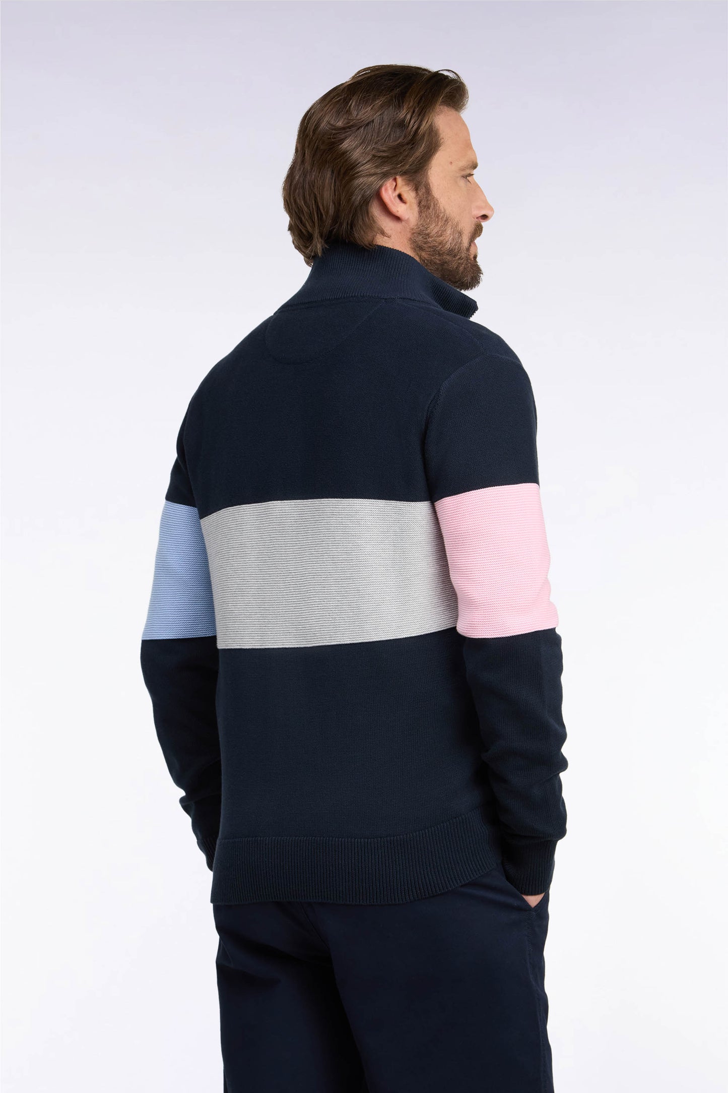 Cardigan zippé à col camionneur en coton marine à découpe coupe droite