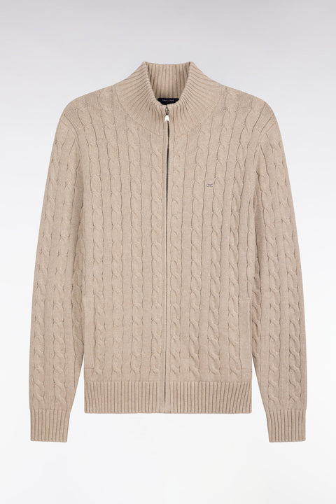 Cardigan à torsades zippé en coton beige coupe droite - Image 1