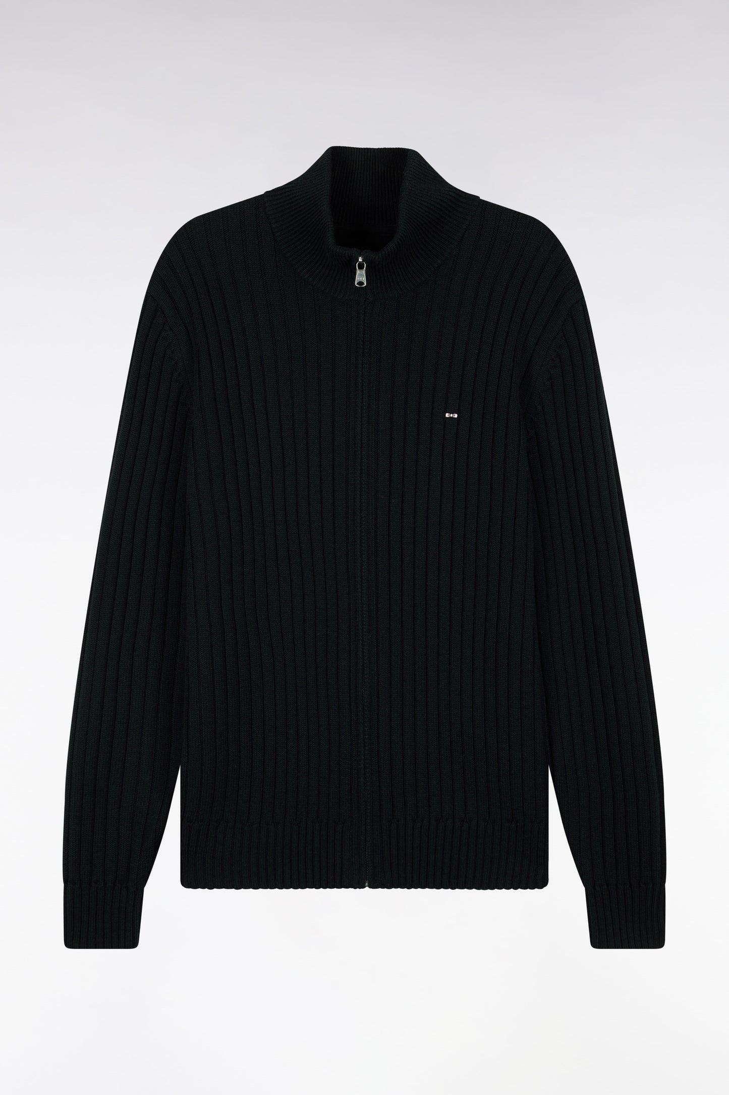 Cardigan zippé à col camionneur en laine et coton noir côtelé coupe droite