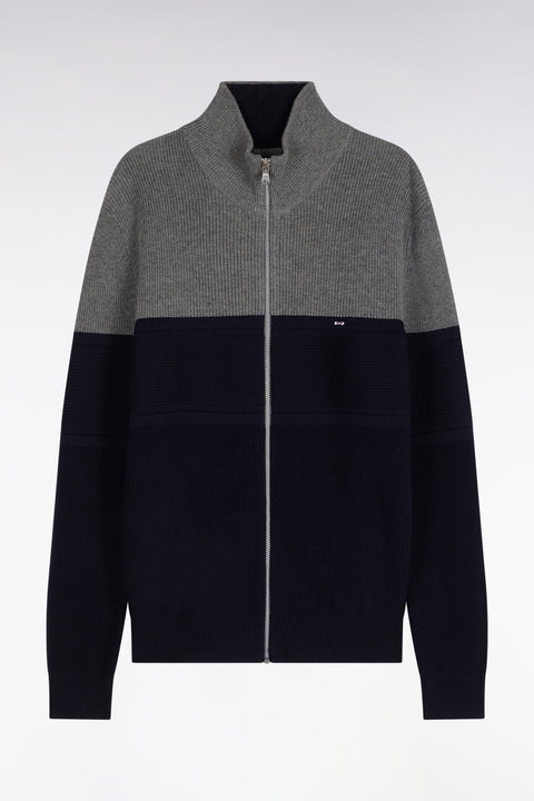 Cardigan zippé bicolore en laine mérinos marine et gris coupe droite - Image 2