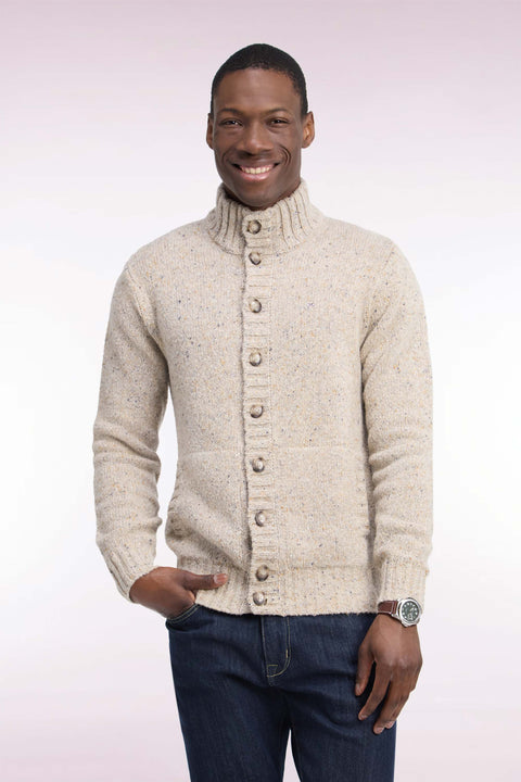 Straight cut buttoned cardigan in thick mottled ecru knit - Image 3