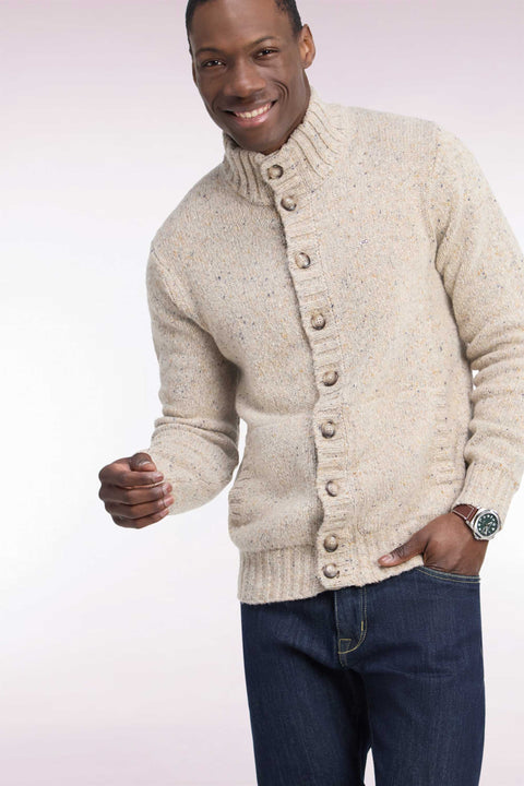 Straight cut buttoned cardigan in thick mottled ecru knit - Image 1