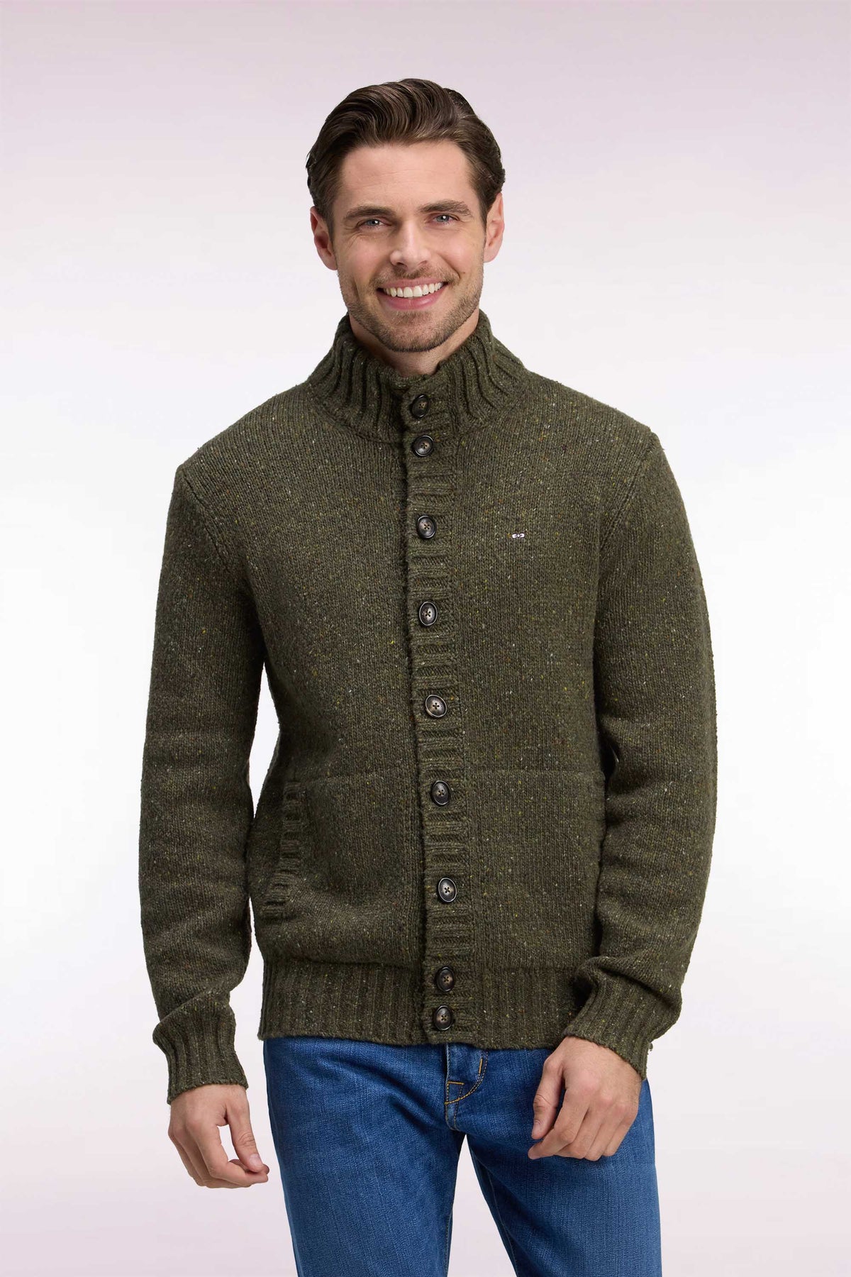 Buttoned cardigan in khaki heathered chunky knit, straight cut