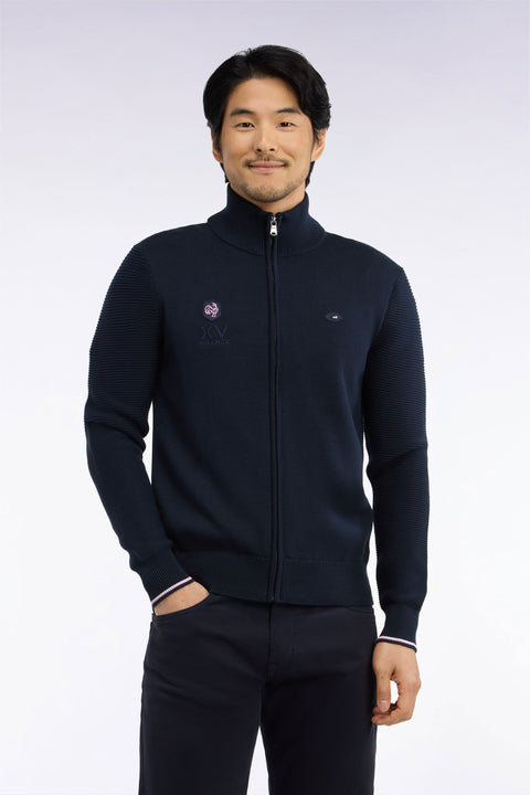 Cardigan XV de France zippé en jersey coton marine brodé coupe droite - Image 3