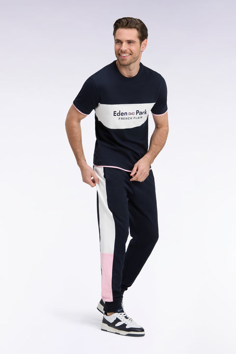 Navy fleece joggers with contrasting leg cutouts, straight cut - Image 1