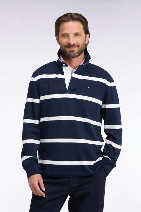Long-sleeved jersey in navy striped cotton jersey with embroidery on the back - Image 3