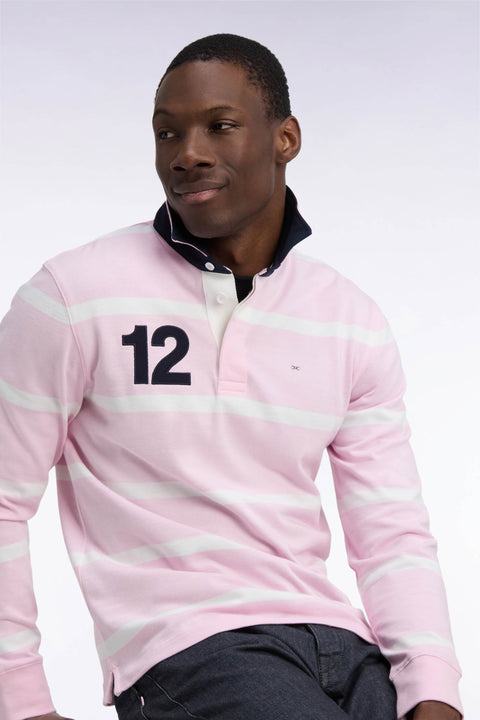 Long-sleeved jersey in pink striped cotton jersey with embroidery on the back - Image 1