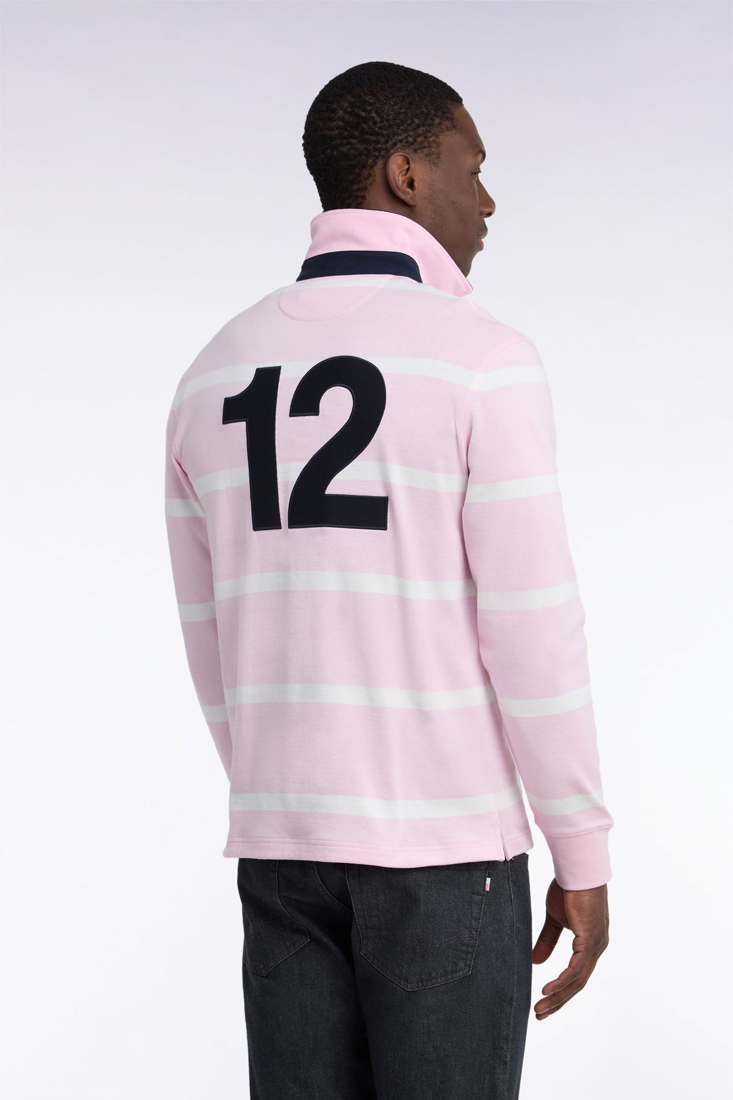 Maillot manches longues en jersey de coton rose rayé broderie dos