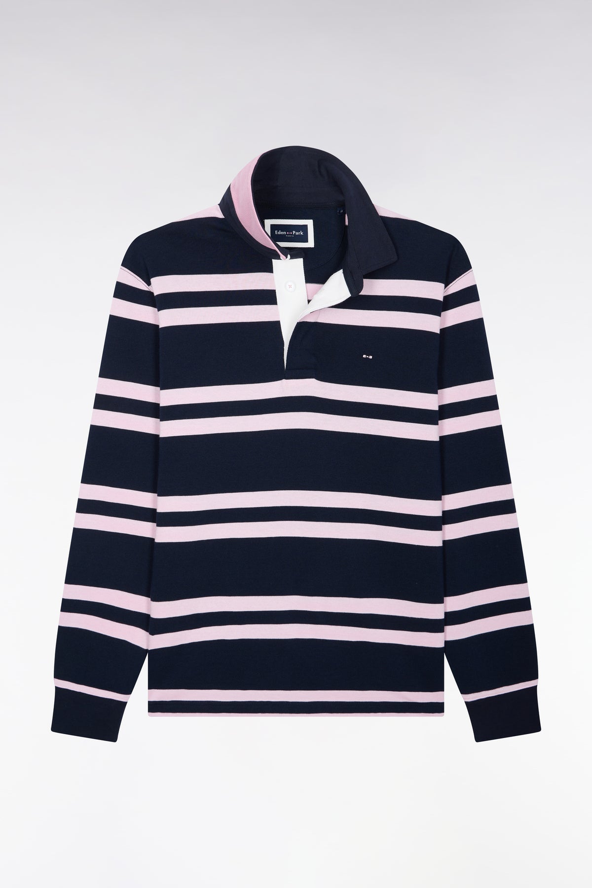Maillot manches longues en jersey coton marine à rayures roses coupe regular