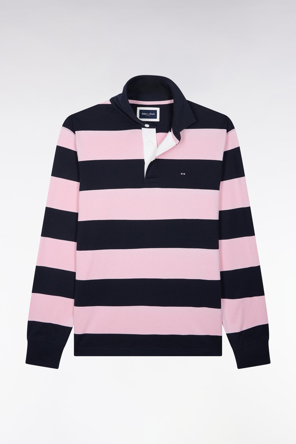 Maillot manches longues en coton rayé rose et marine coupe droite