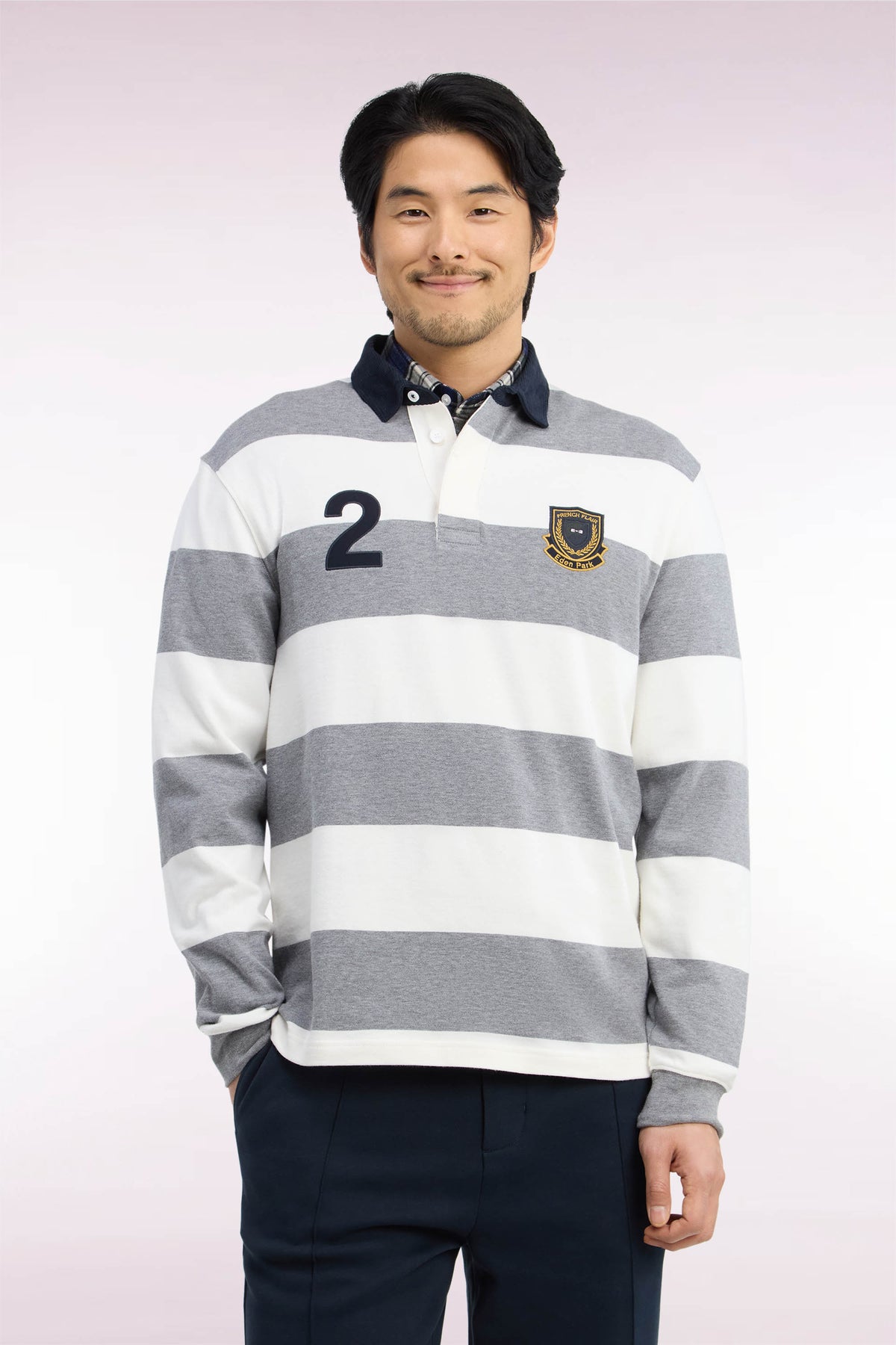 Long-sleeved gray and white striped jersey with embroidery 2