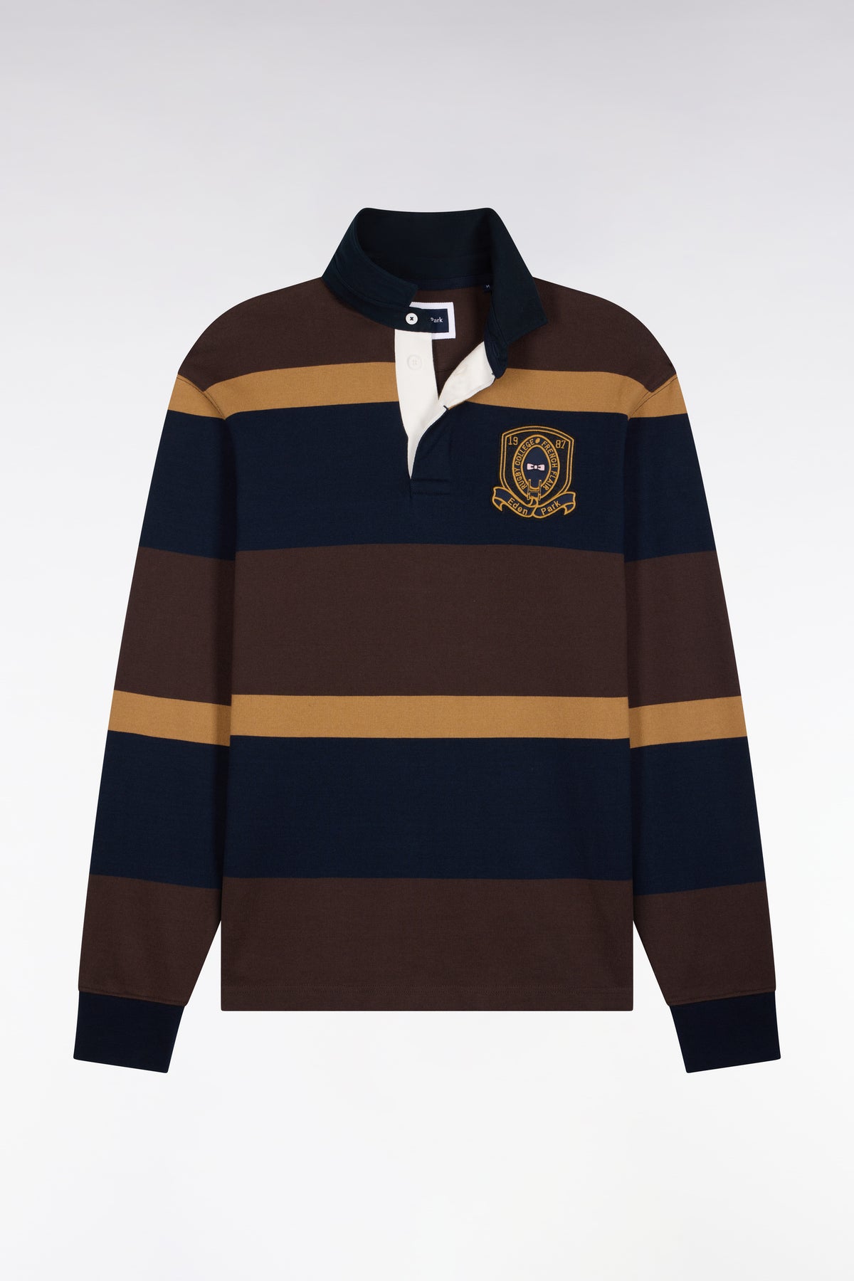 Brown striped long-sleeved jersey with badge embroidery