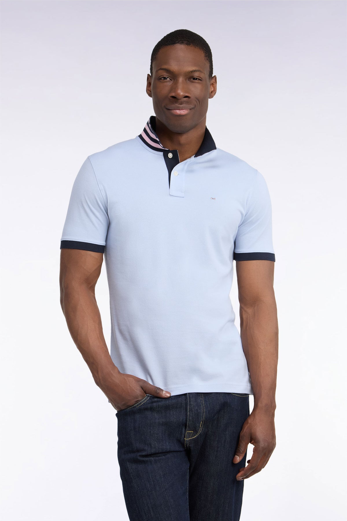 Polo manches courtes sous-col rayé en coton Pima gris coupe droite